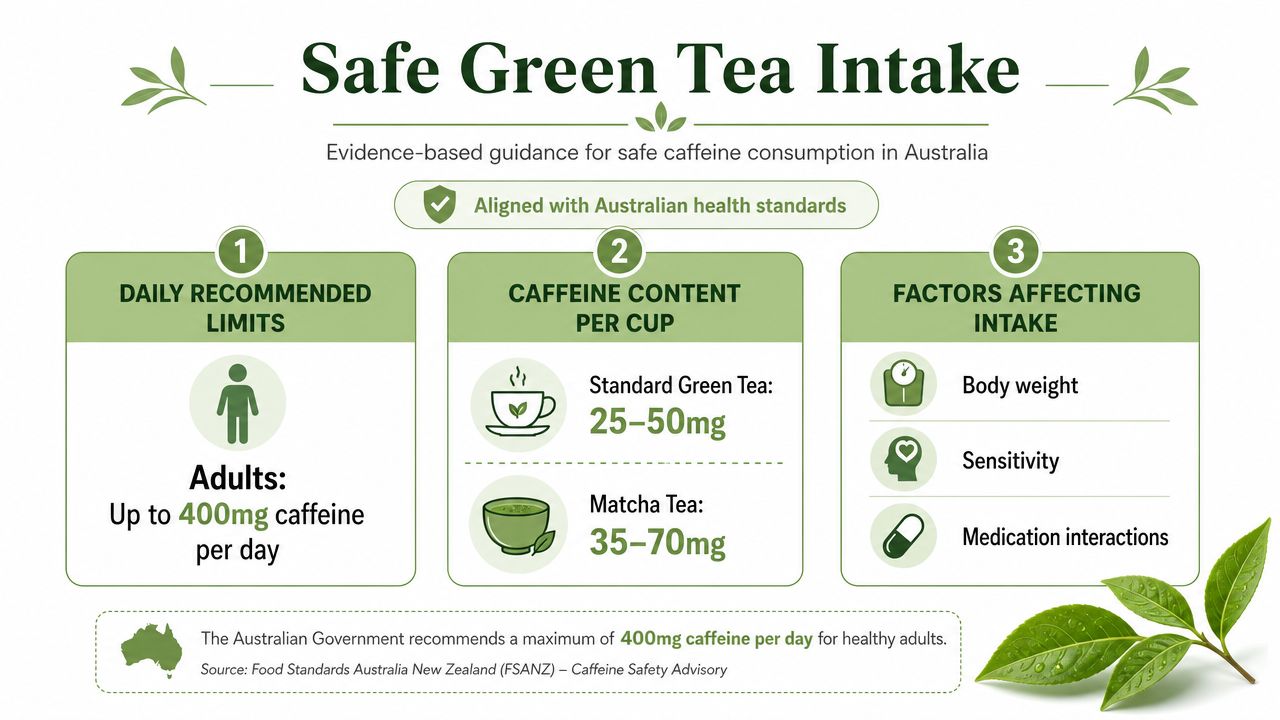 An infographic showing safe daily caffeine intake guidelines for green tea consumption in Australia for adults.