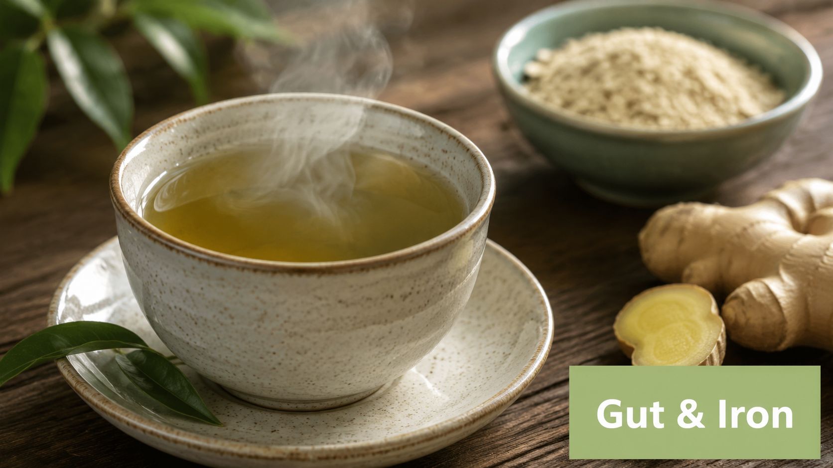 A steaming cup of tea with fresh ginger root and a bowl of herbs on a wooden table.