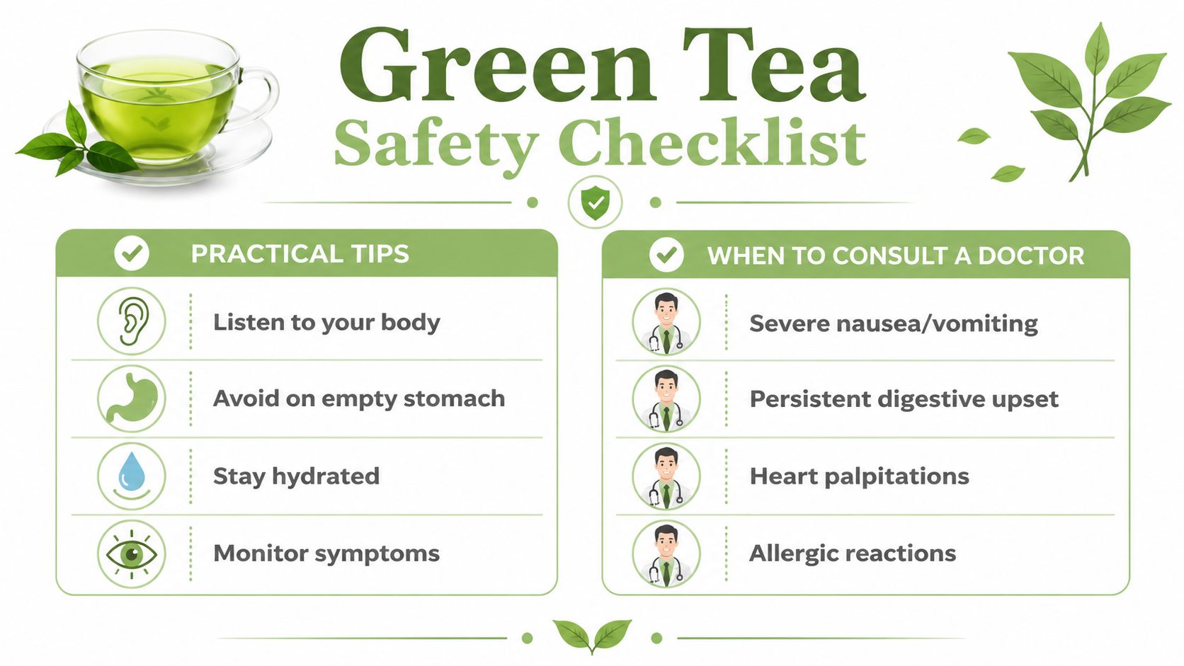 A safety checklist infographic for green tea consumption featuring practical tips and when to see a doctor.