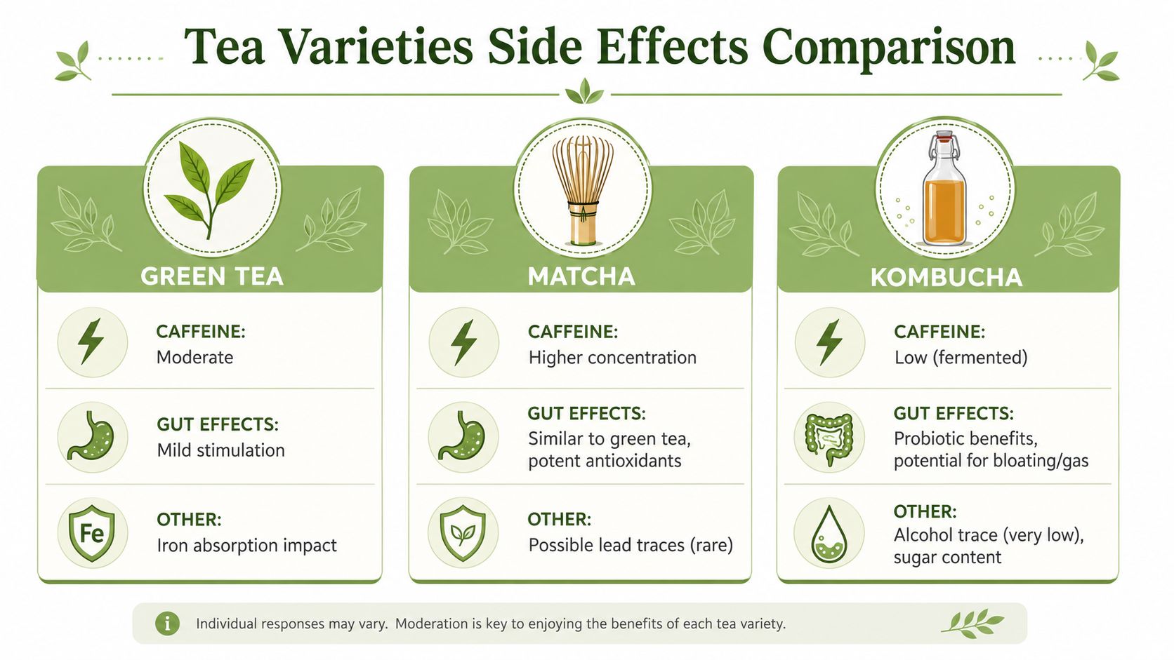 A comparison chart outlining potential side effects and characteristics of green tea, matcha, and kombucha.