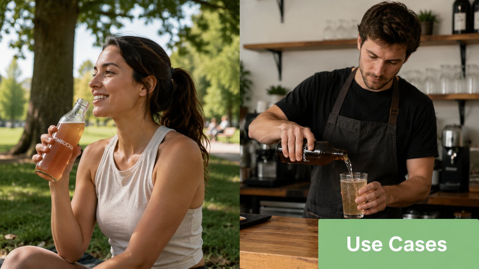 A woman drinking kombucha outdoors and a barista pouring a beverage into a glass in a cafe.