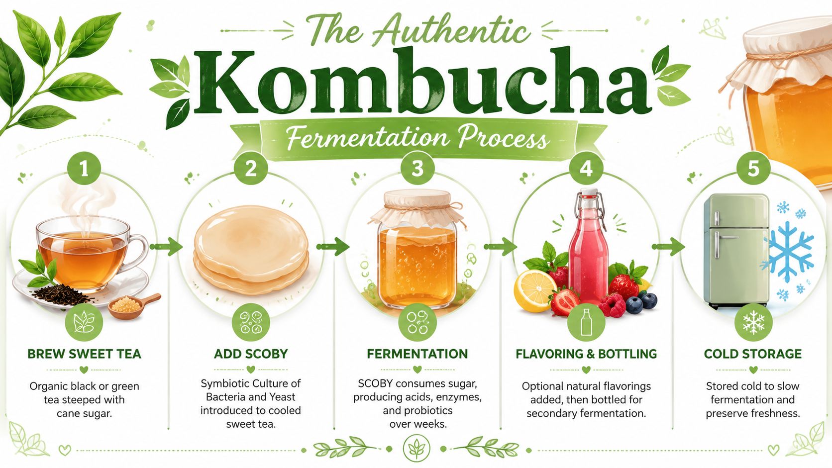 An infographic showing the five steps of the authentic kombucha fermentation process from brewing to storage.