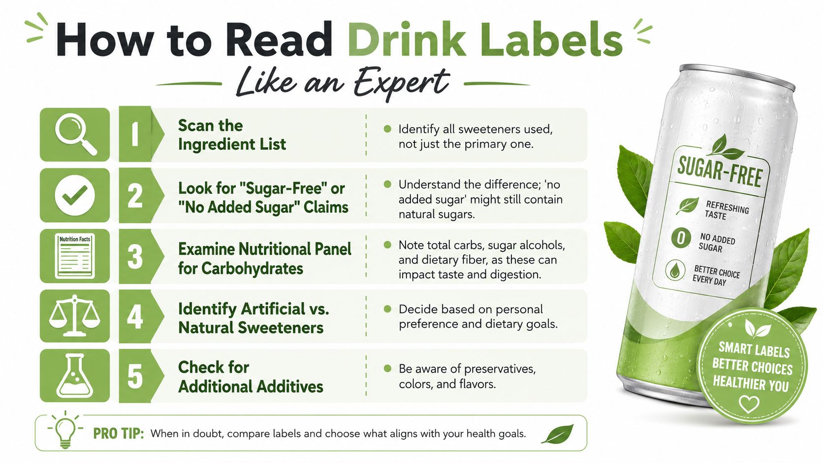 An infographic titled How to Read Drink Labels Like an Expert with five steps and a beverage can.