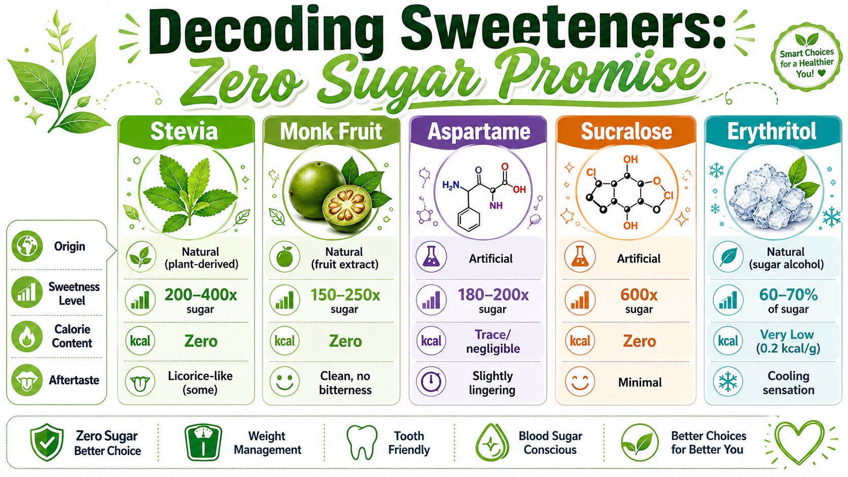 A comparison chart explaining the origin, sweetness level, calories, and aftertaste of common sugar substitutes.