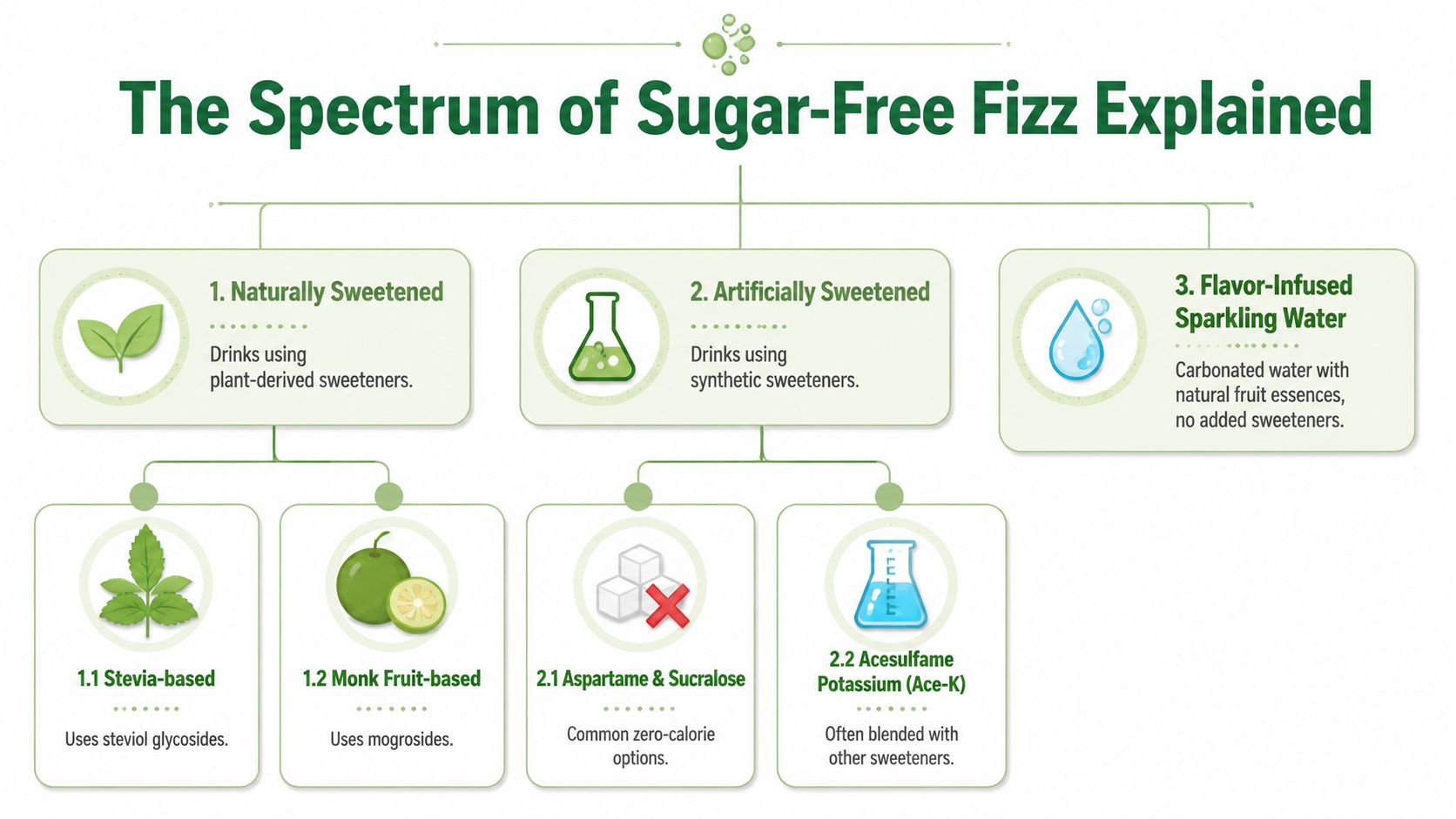 An infographic titled The Spectrum of Sugar-Free Fizz Explained detailing types of naturally and artificially sweetened drinks.