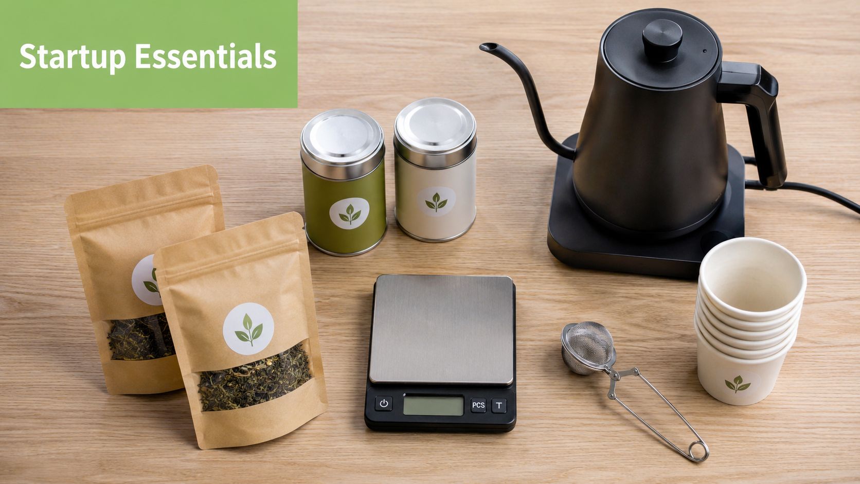 A professional tea starter kit with pouches of tea leaves, a scale, kettle, infuser, and cups.