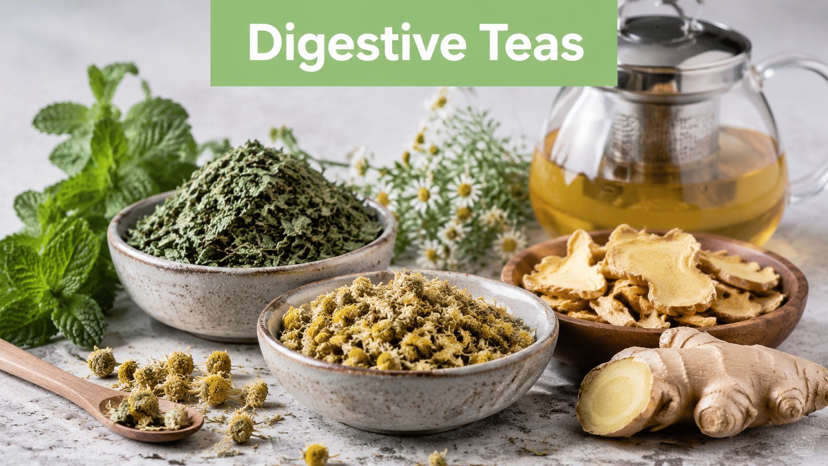 Various herbal ingredients like mint, dried chamomile flowers, and ginger slices used for preparing healthy digestive teas.