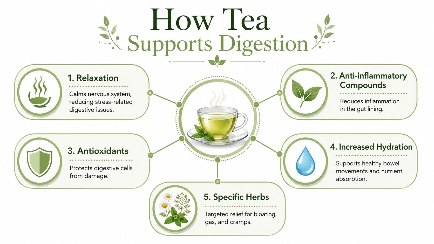 An infographic titled How Tea Supports Digestion, listing five key benefits including relaxation, anti-inflammatory compounds, antioxidants, hydration, and herbs.