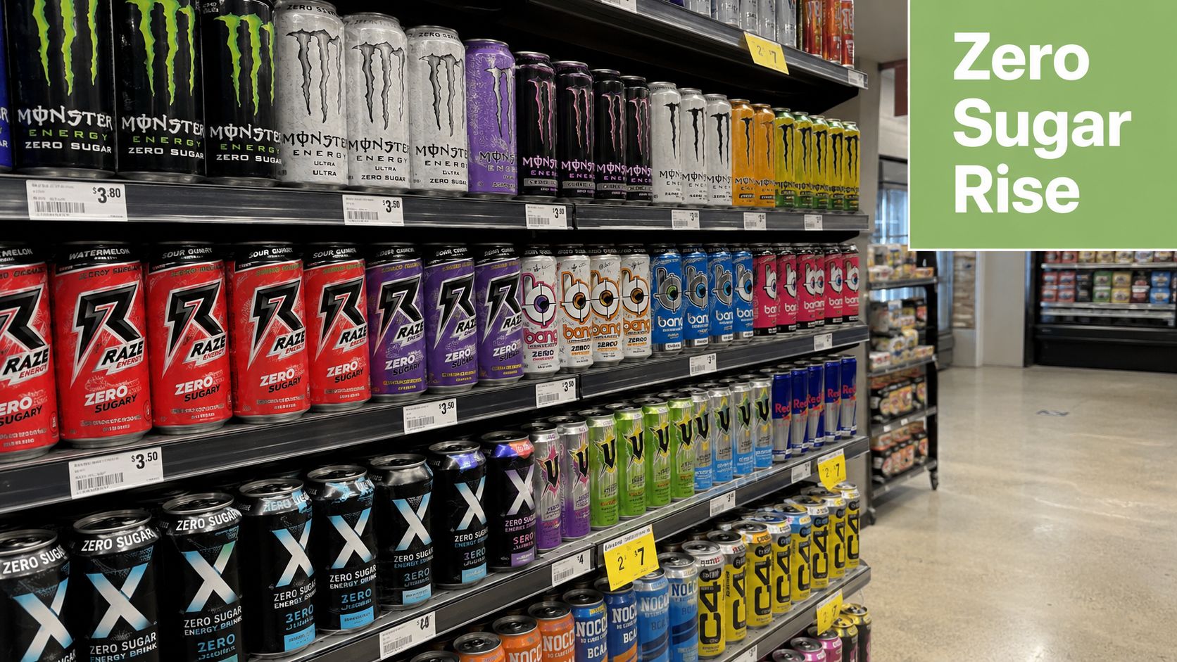 A wide variety of zero sugar energy drinks displayed neatly on grocery store shelves.