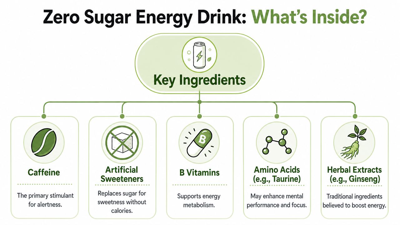 An infographic titled Zero Sugar Energy Drink: What's Inside? detailing key ingredients and their health functions.