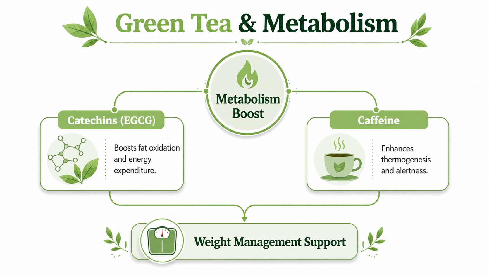 An infographic illustrating how green tea ingredients, catechins and caffeine, boost metabolism to support weight management.