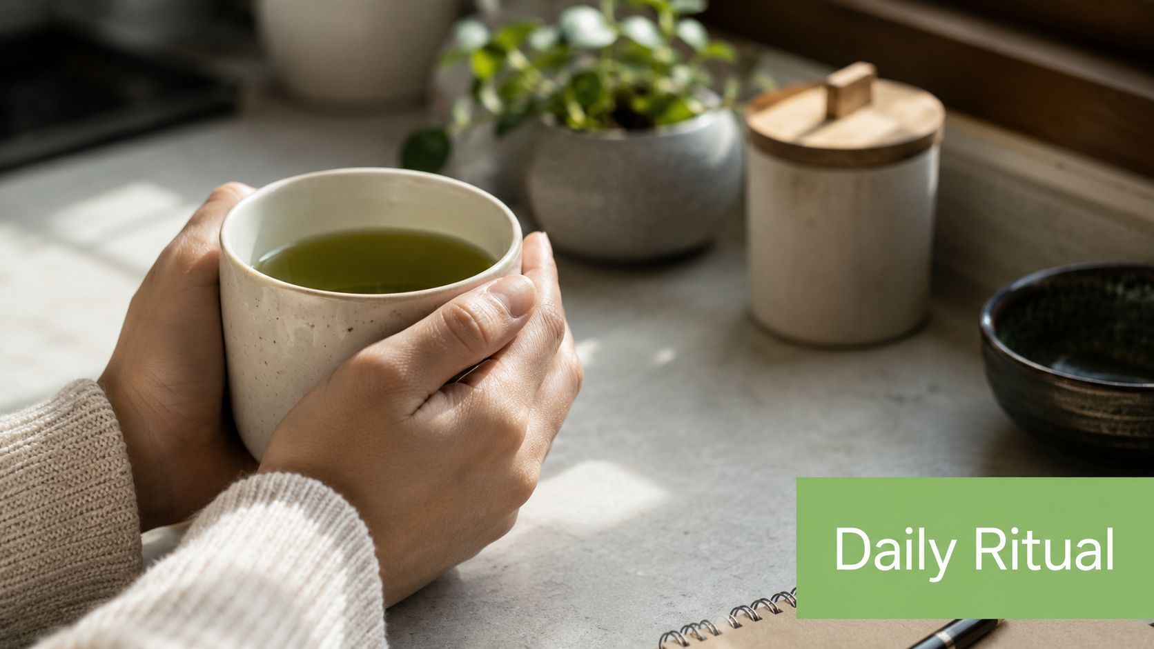 A person holding a warm cup of green tea in their hands near a cozy window setting.