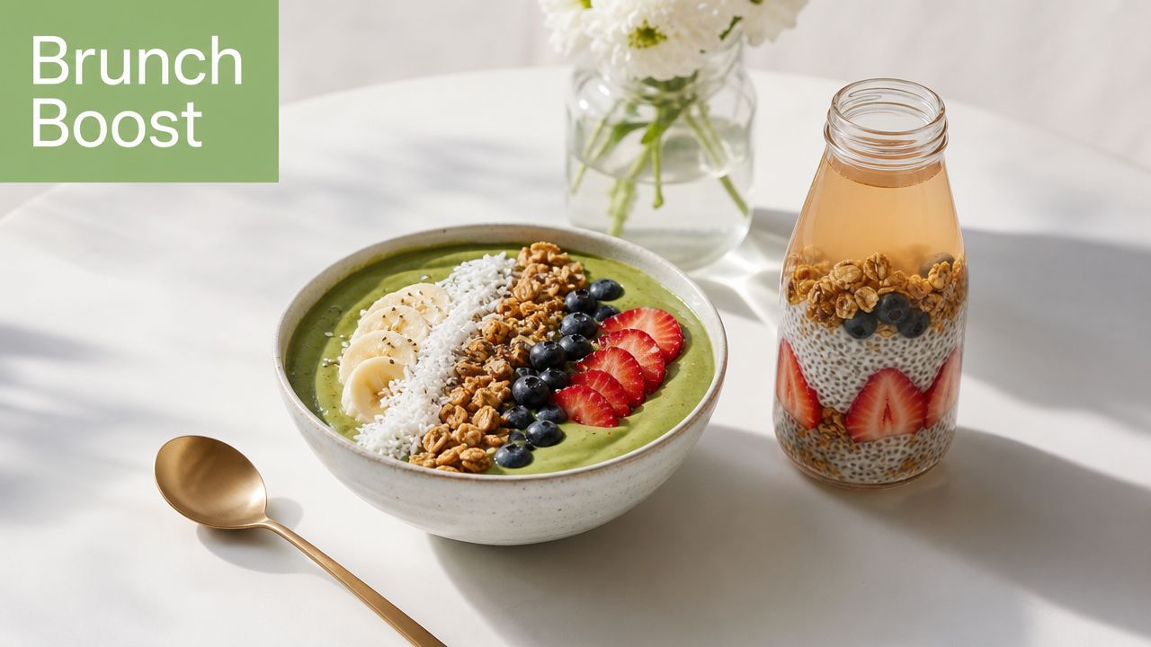 A healthy smoothie bowl with granola, banana, blueberries, and strawberries next to a chia pudding jar.