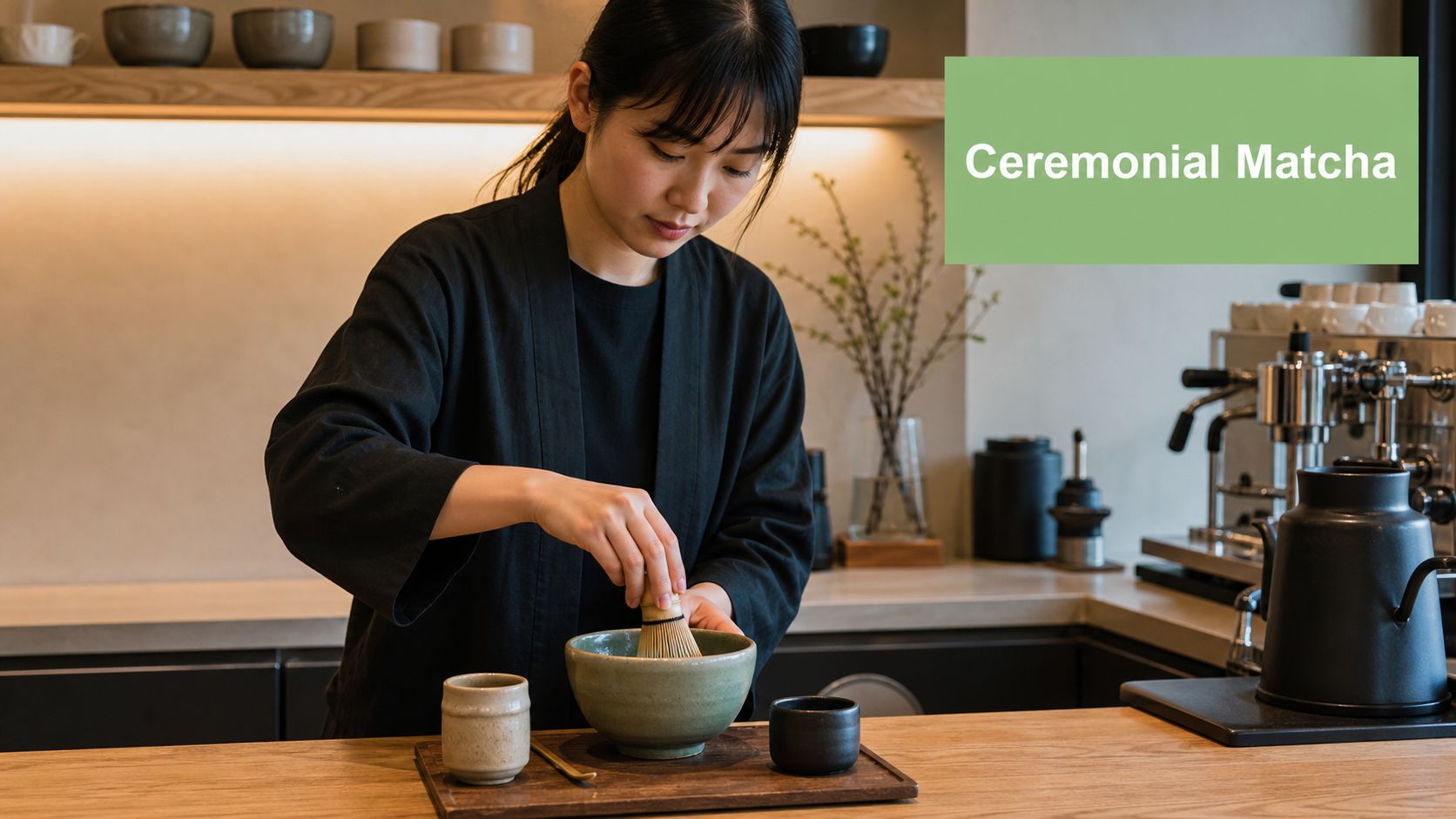 A woman in a black robe whisks ceremonial matcha tea in a ceramic bowl on a wooden counter.