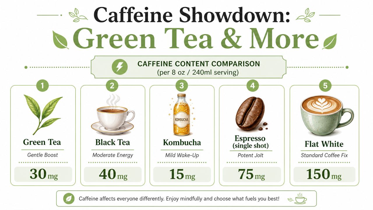A comparison chart showing the caffeine content per 8 oz serving for green tea, black tea, kombucha, espresso, and flat white.