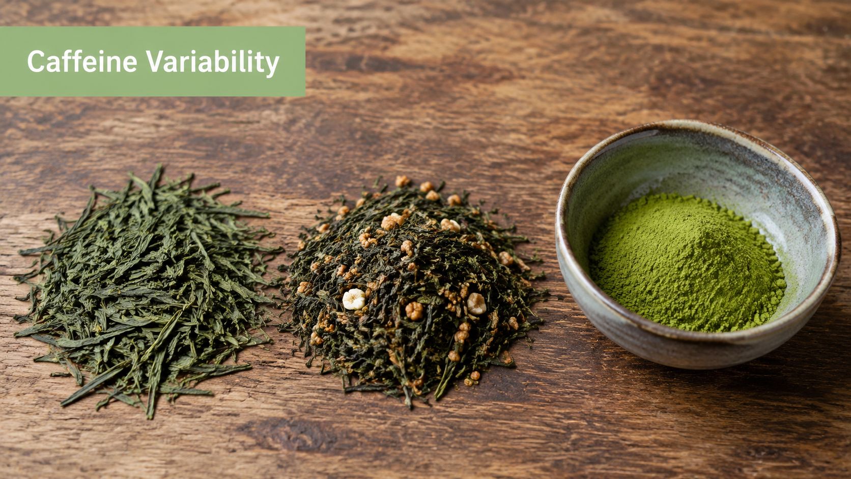 A wooden table featuring loose leaf tea, genmaicha with roasted rice, and a bowl of matcha powder.