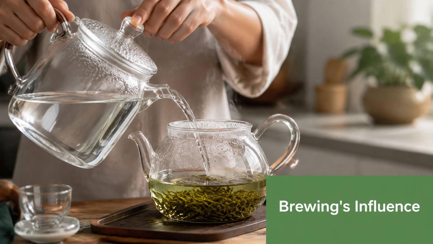 A person pouring hot water from a clear glass kettle into a teapot containing loose green tea leaves.