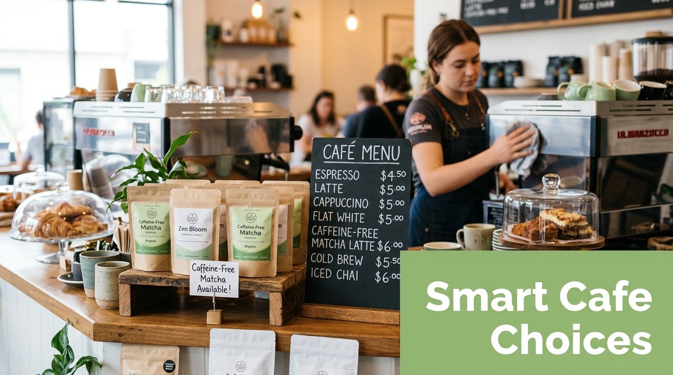 Barista working behind a cafe counter displaying a menu and various caffeine free matcha tea products.