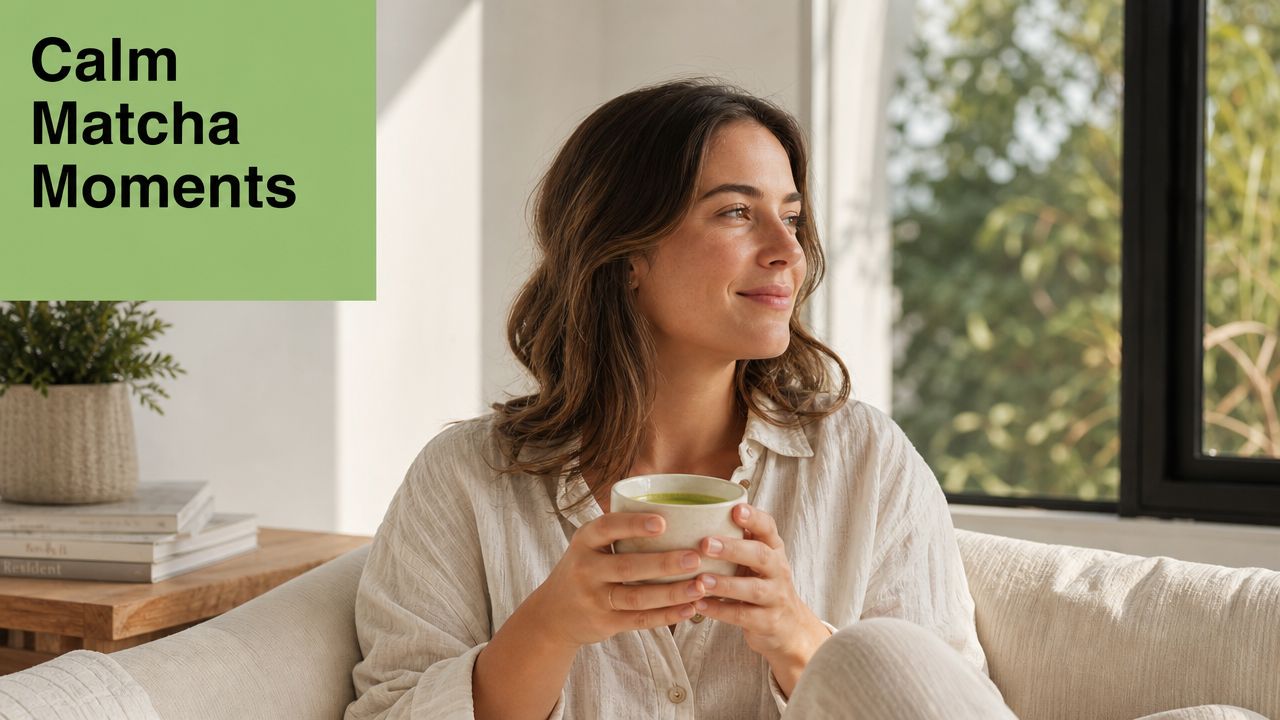 A smiling woman in a beige shirt holding a warm cup of matcha tea while sitting comfortably.