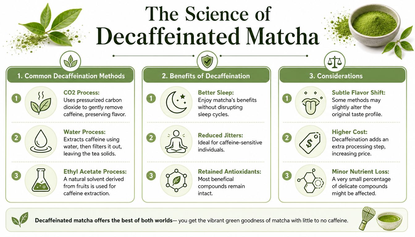An infographic titled The Science of Decaffeinated Matcha explaining decaffeination methods, benefits, and considerations for tea drinkers.