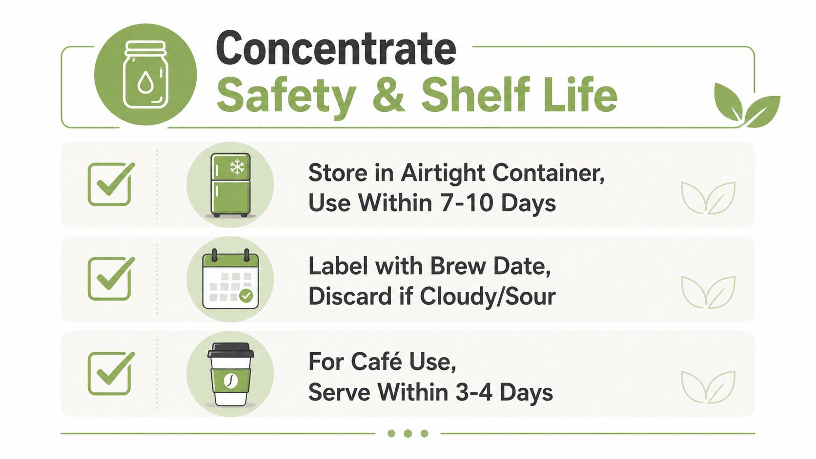 A safety and shelf life guide for coffee concentrate with storage, labeling, and service time instructions.