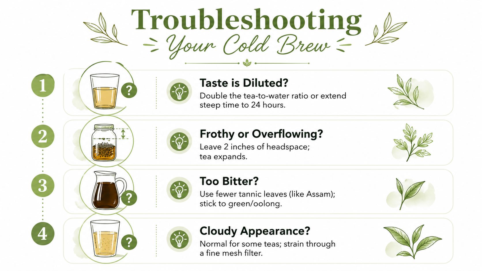 An infographic titled Troubleshooting Your Cold Brew offering solutions for common tea brewing problems in four steps.