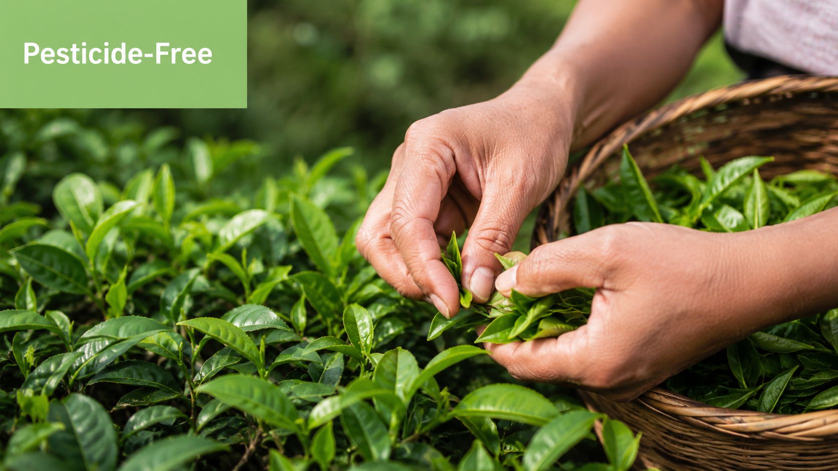 A tea plantation worker carefully hand-picking fresh tea leaves into a wicker basket for harvest.