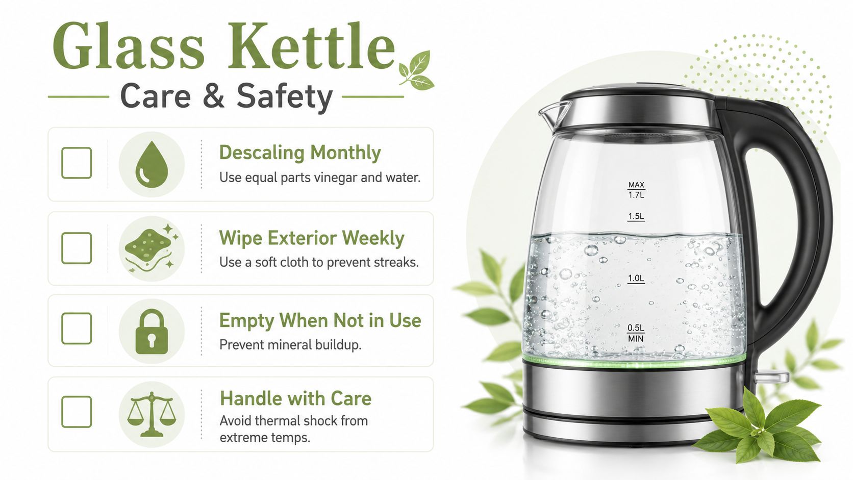 A glass kettle beside a checklist of care and safety instructions for maintaining a kitchen appliance.