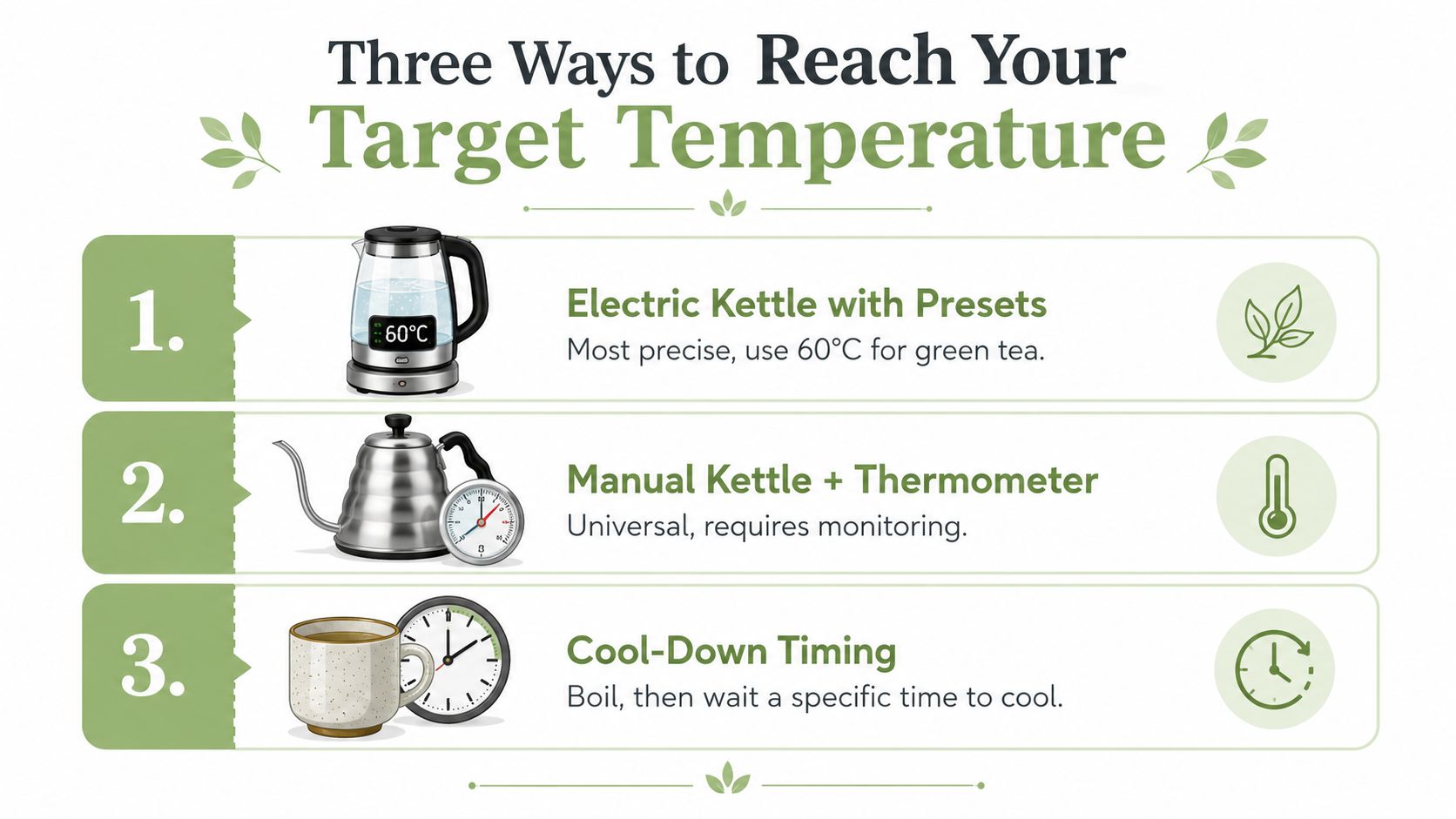 A diagram illustrating three methods to reach specific water temperatures for brewing tea using various tools.