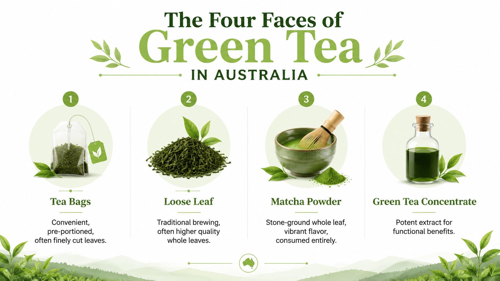 An infographic showing the four common forms of green tea: tea bags, loose leaf, matcha, and concentrate.