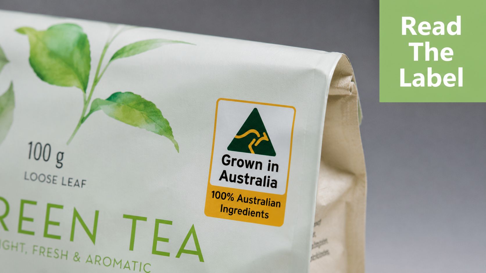 Close-up of a green tea package label highlighting its 100% Australian grown ingredients and origin.