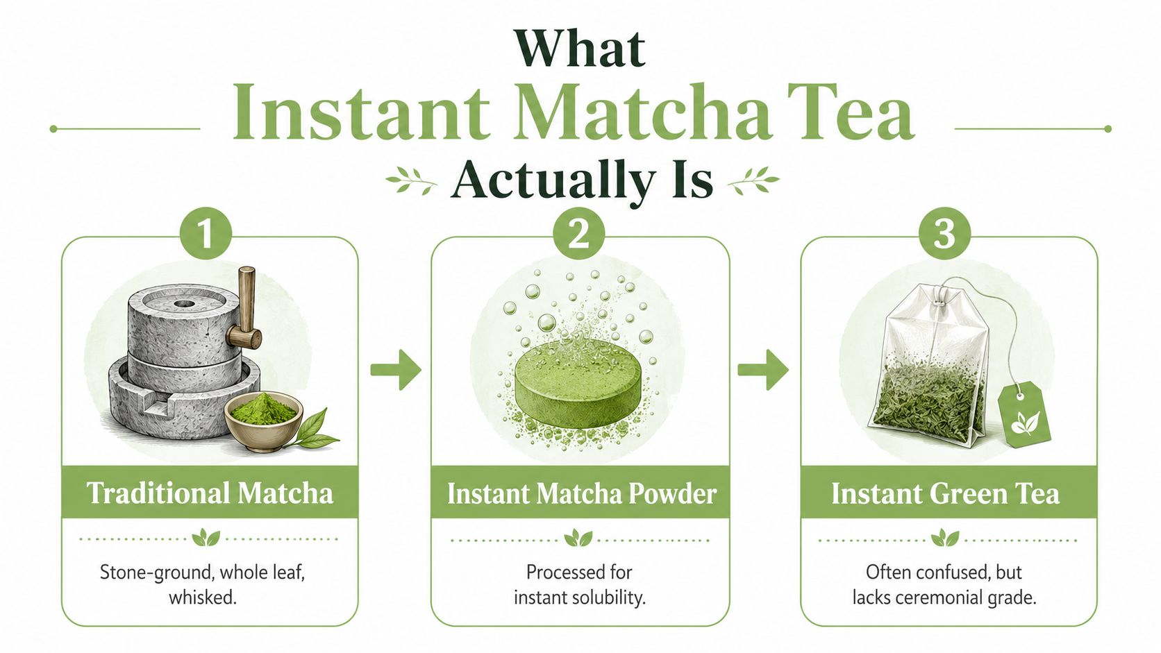 An infographic showing the three stages and differences between traditional matcha, instant matcha powder, and green tea bags.