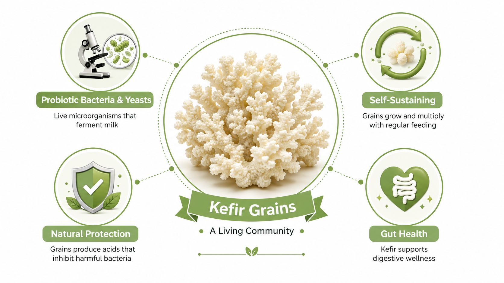 A diagram illustrating the benefits and properties of kefir grains as a living community of healthy microorganisms.