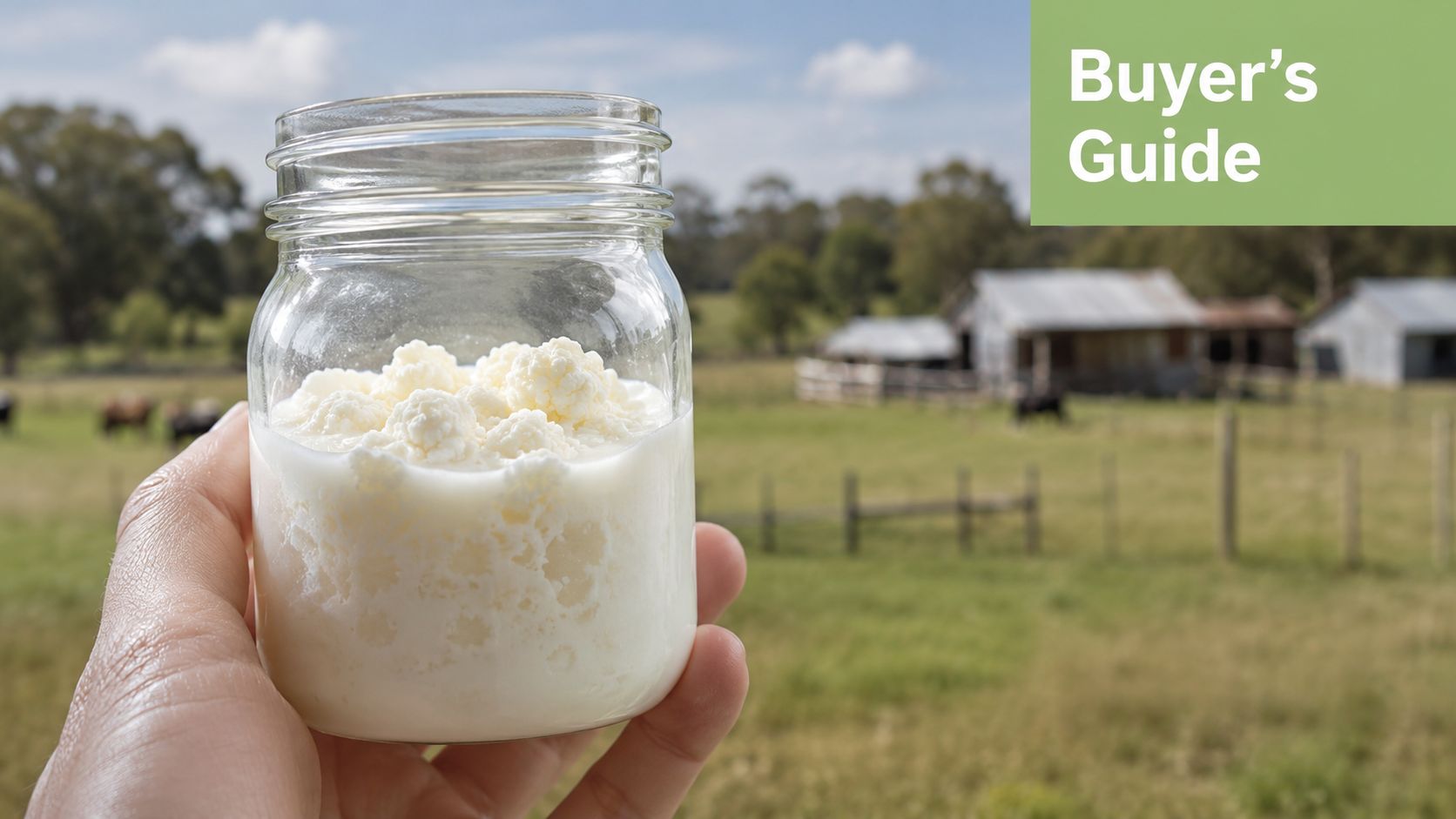 A hand holding a glass jar filled with fresh homemade dairy kefir grains on a farm.