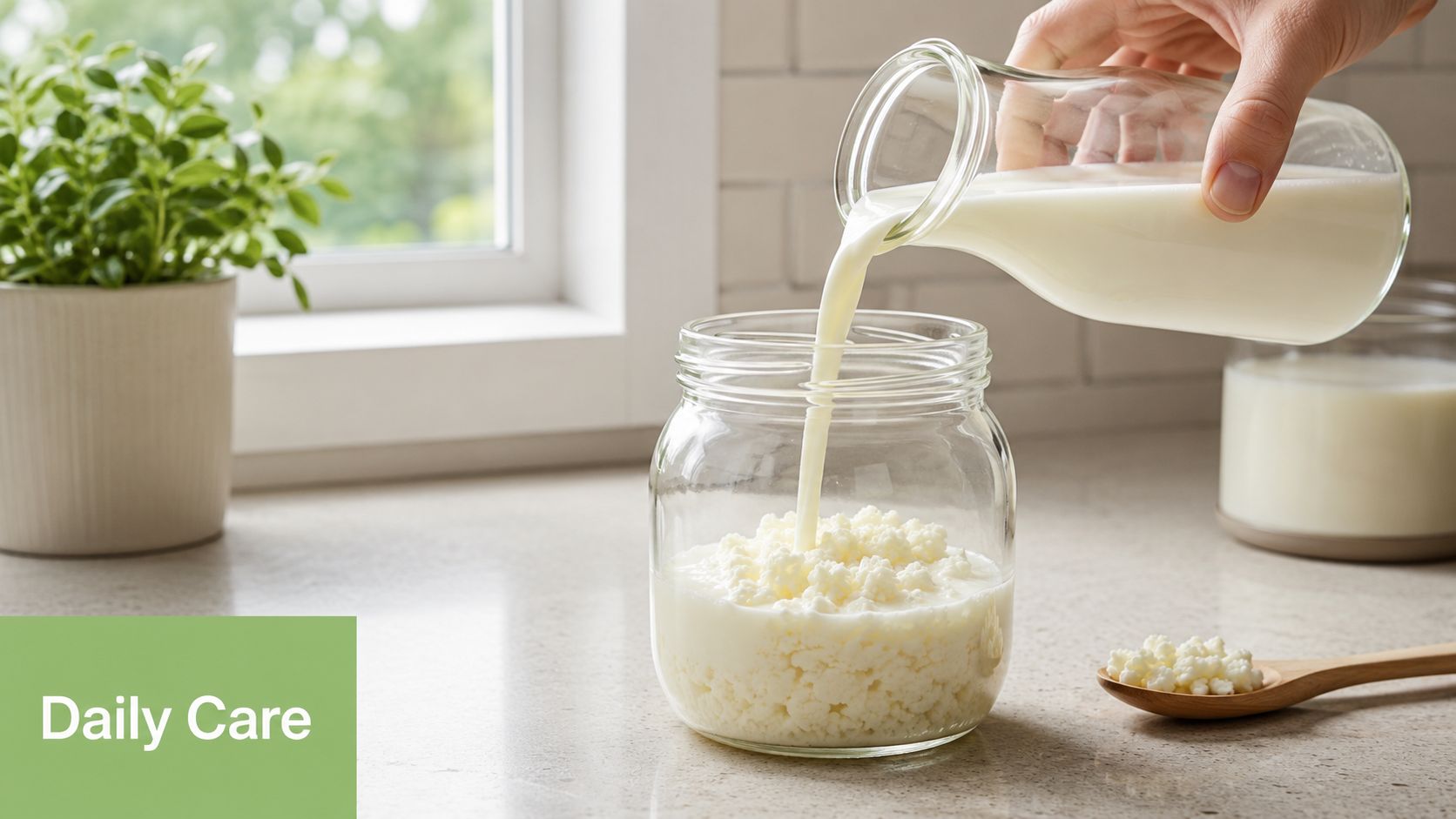 Fresh milk being poured from a glass pitcher into a jar containing active kefir grains on a counter.