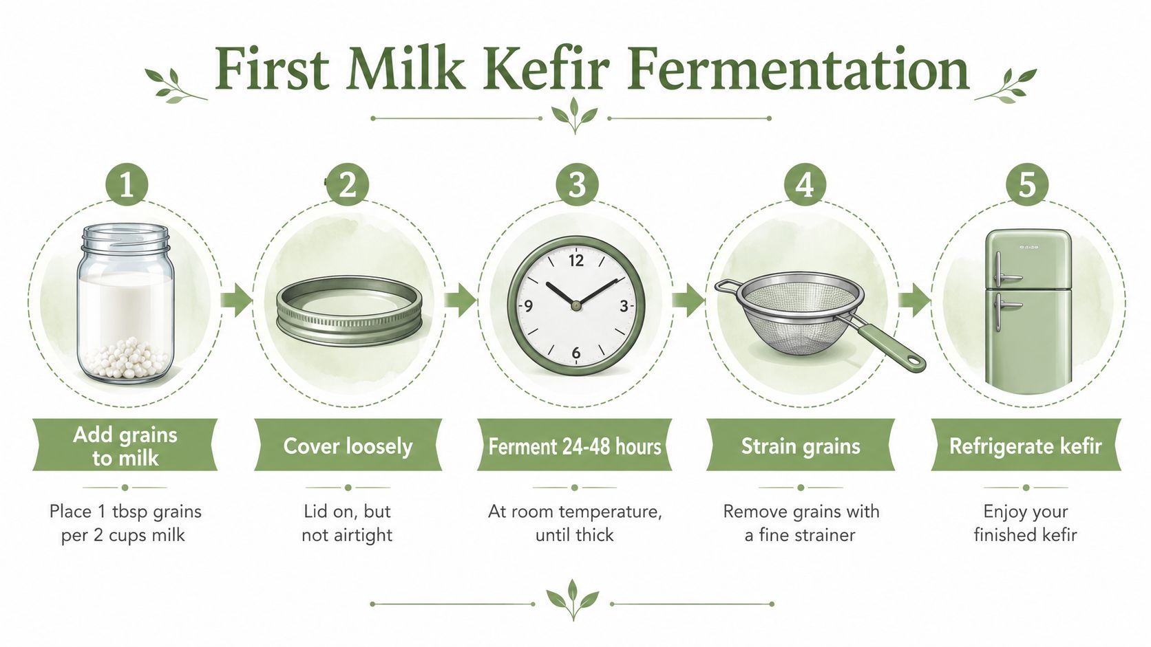 A step-by-step infographic showing how to make milk kefir with grains in five simple stages.