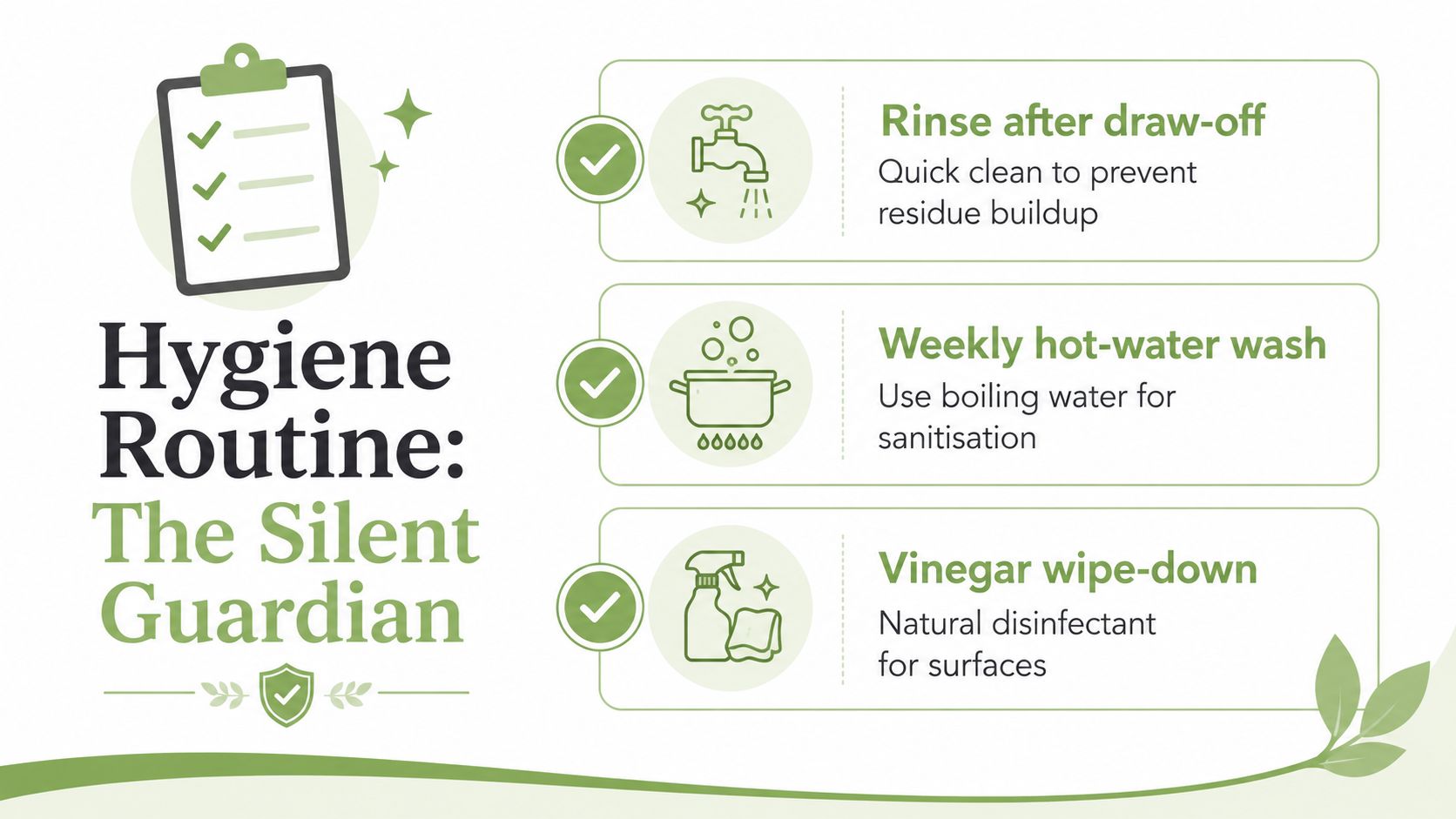 A hygiene routine checklist for maintaining a kombucha brewing container including rinsing, washing, and disinfecting steps.