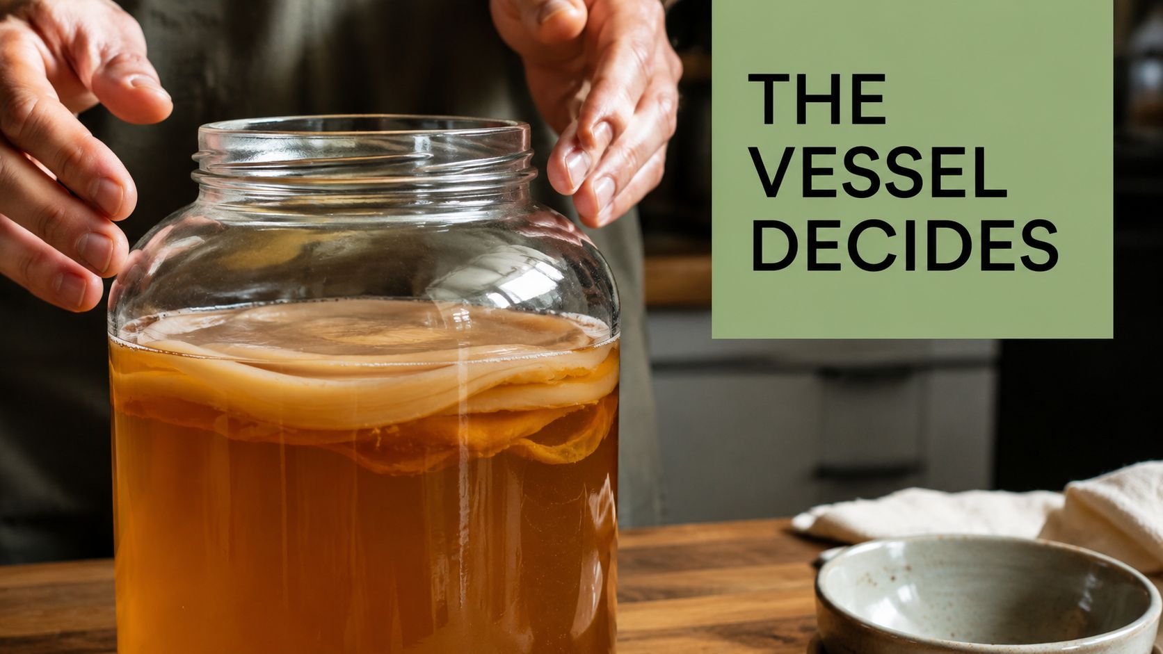 A person stands behind a large glass jar filled with fermenting kombucha and a SCOBY pellicle.