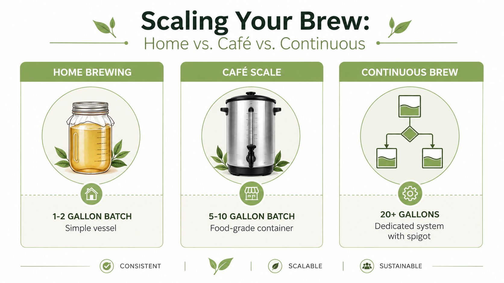 A diagram comparing three different scales for kombucha brewing: home batch, café scale, and continuous system.