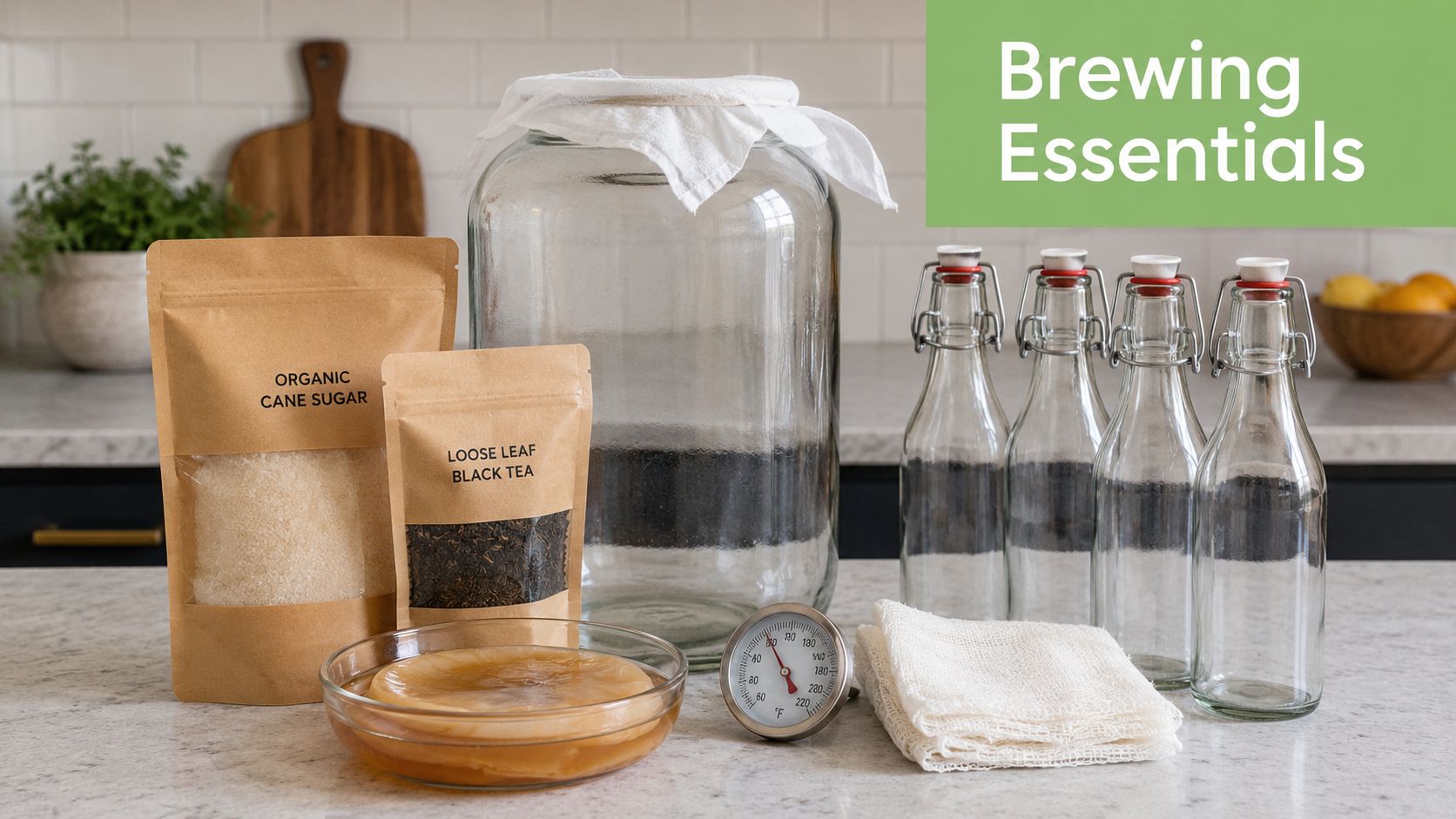 A complete kombucha brewing kit with ingredients and equipment arranged on a clean kitchen countertop.