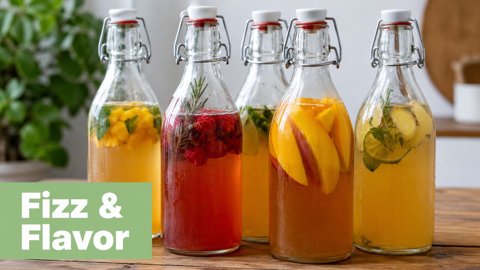 Five clear glass bottles of homemade kombucha infused with fresh fruits, herbs, and ginger on a wooden table.