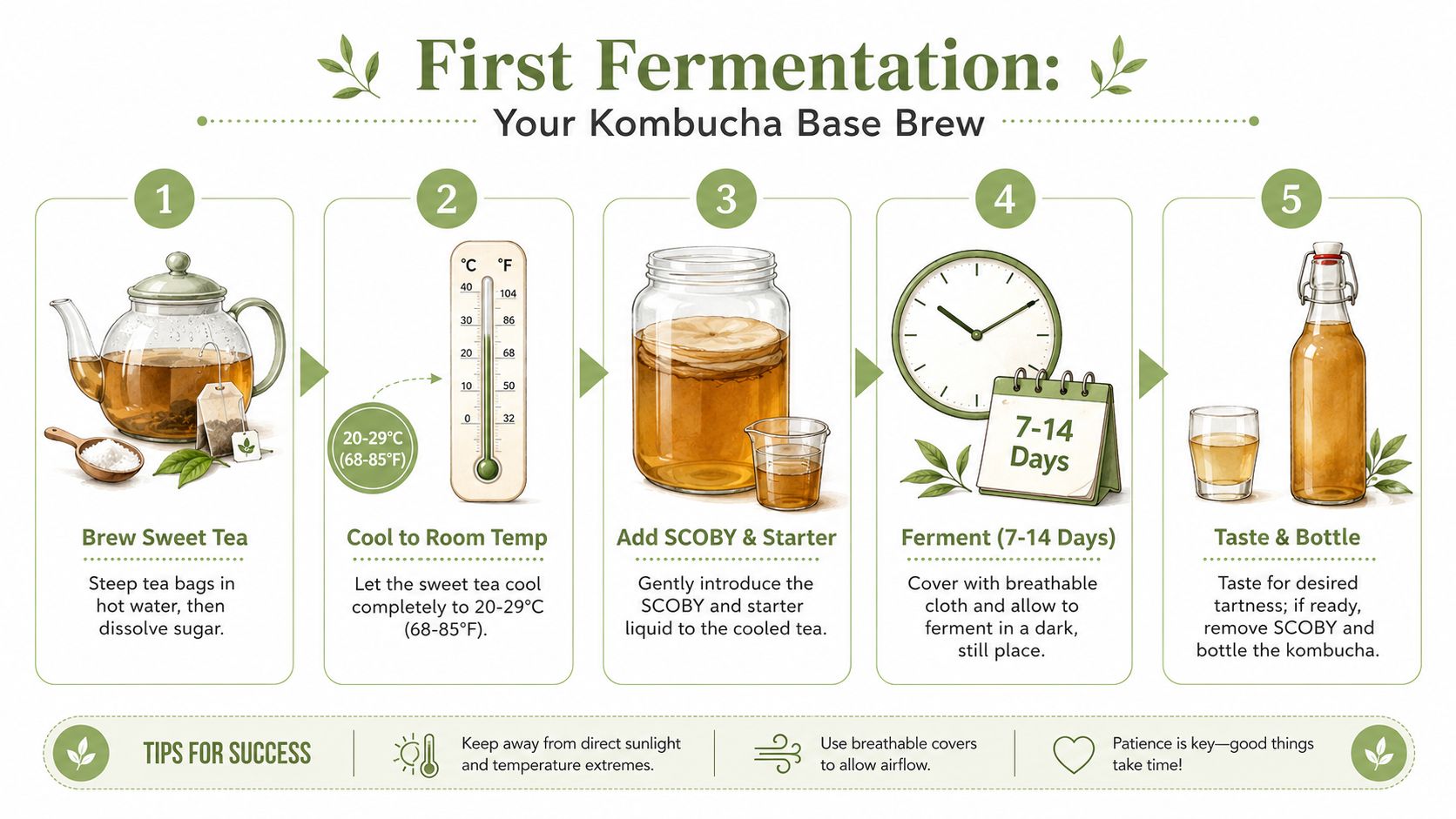 A five-step infographic showing the process of brewing kombucha at home from tea to bottling.