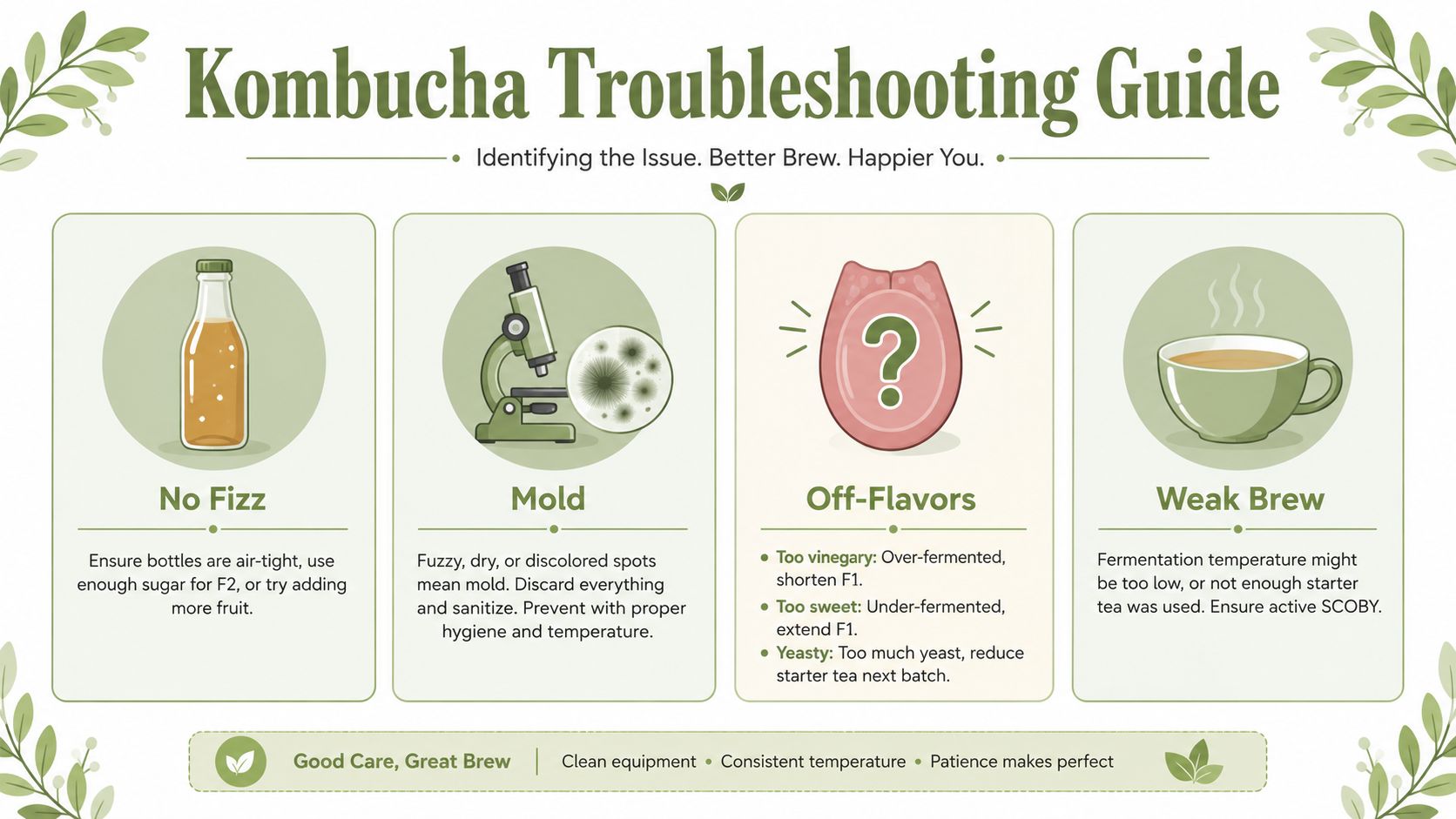 A helpful infographic titled Kombucha Troubleshooting Guide illustrating common brewing issues like mold, off-flavors, and lack of carbonation.
