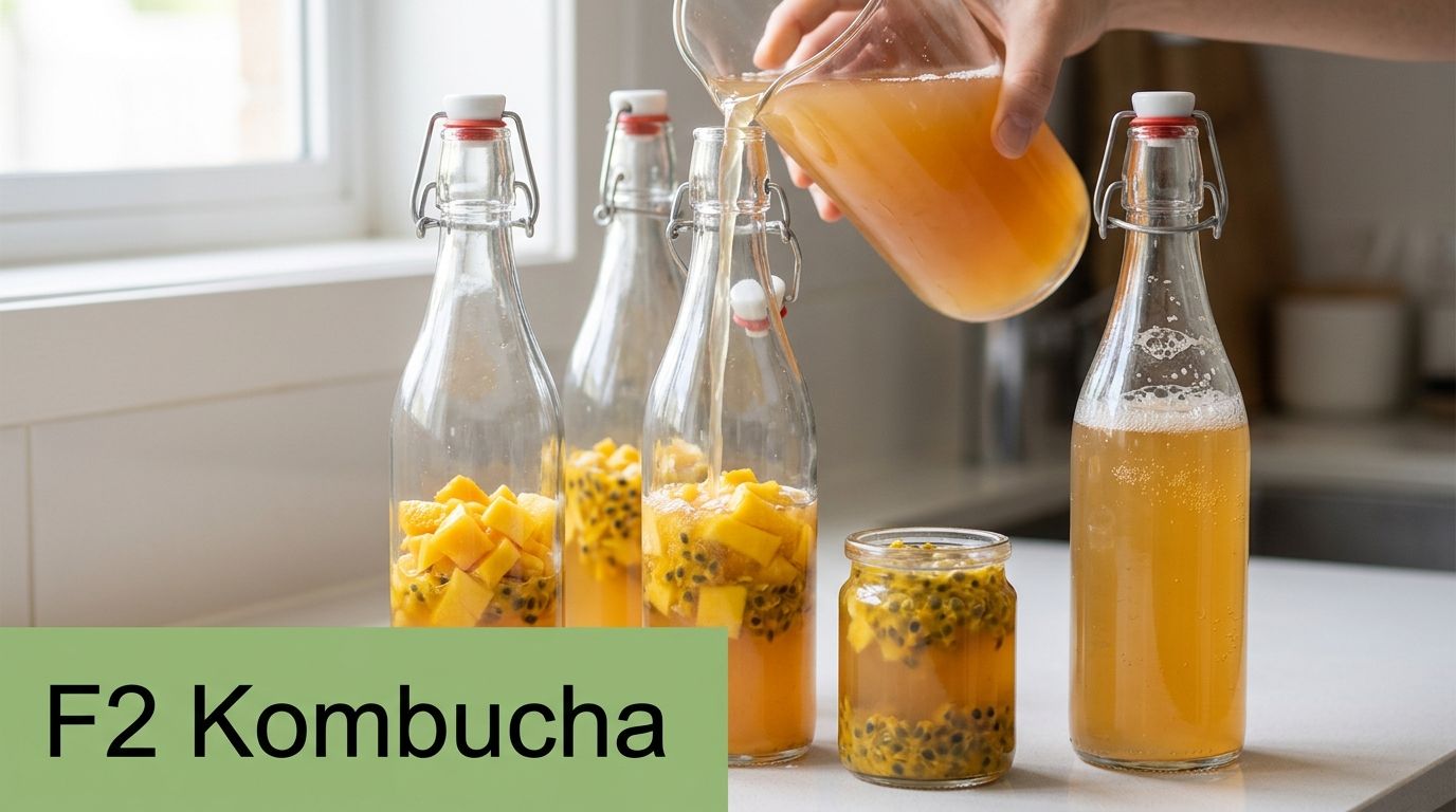 A person pouring kombucha into glass bottles filled with fresh mango and passion fruit pieces.