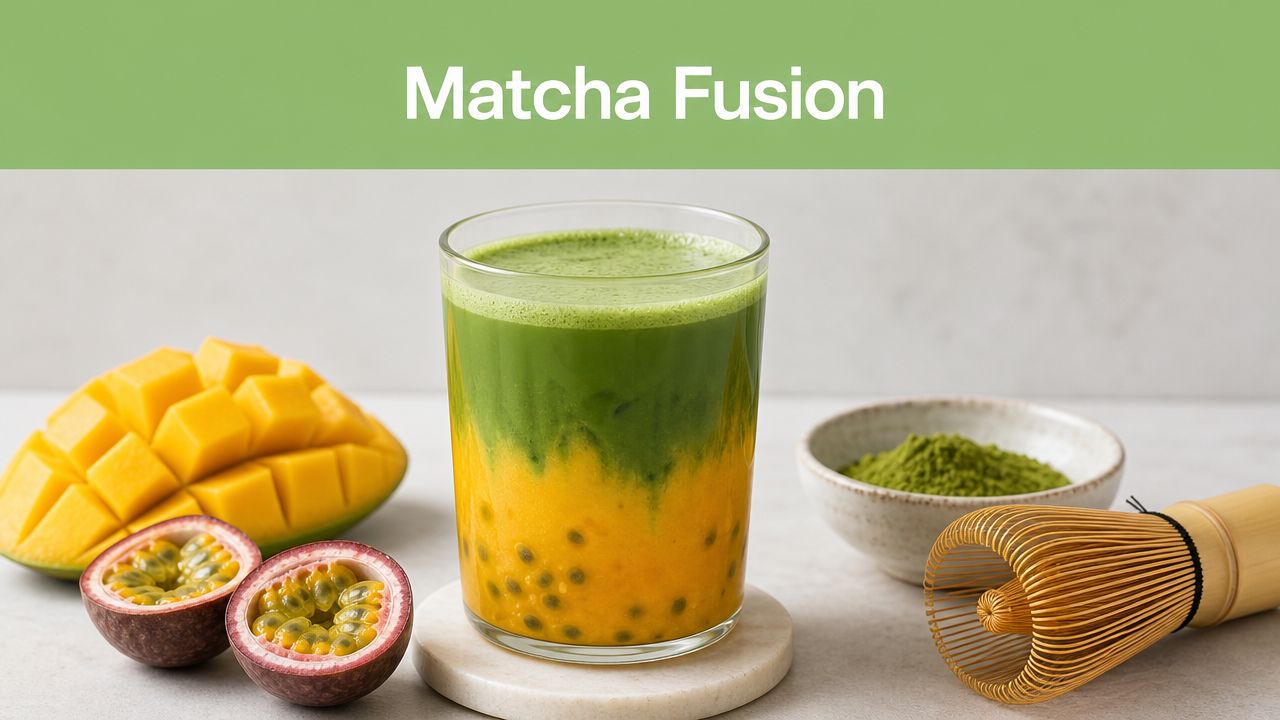 A refreshing iced matcha fusion drink with layers of bright orange mango passion fruit puree in a glass.