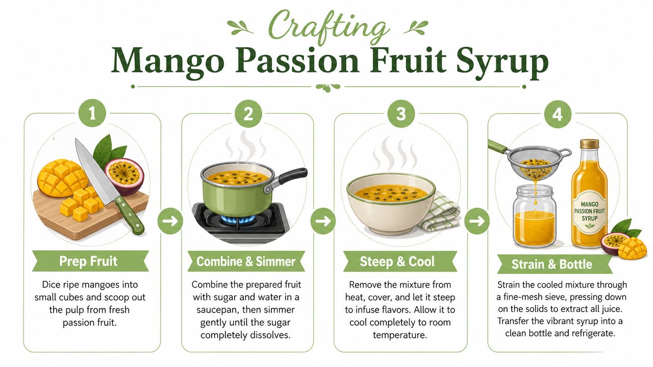 A step-by-step infographic showing how to craft mango passion fruit syrup from fresh ingredients.