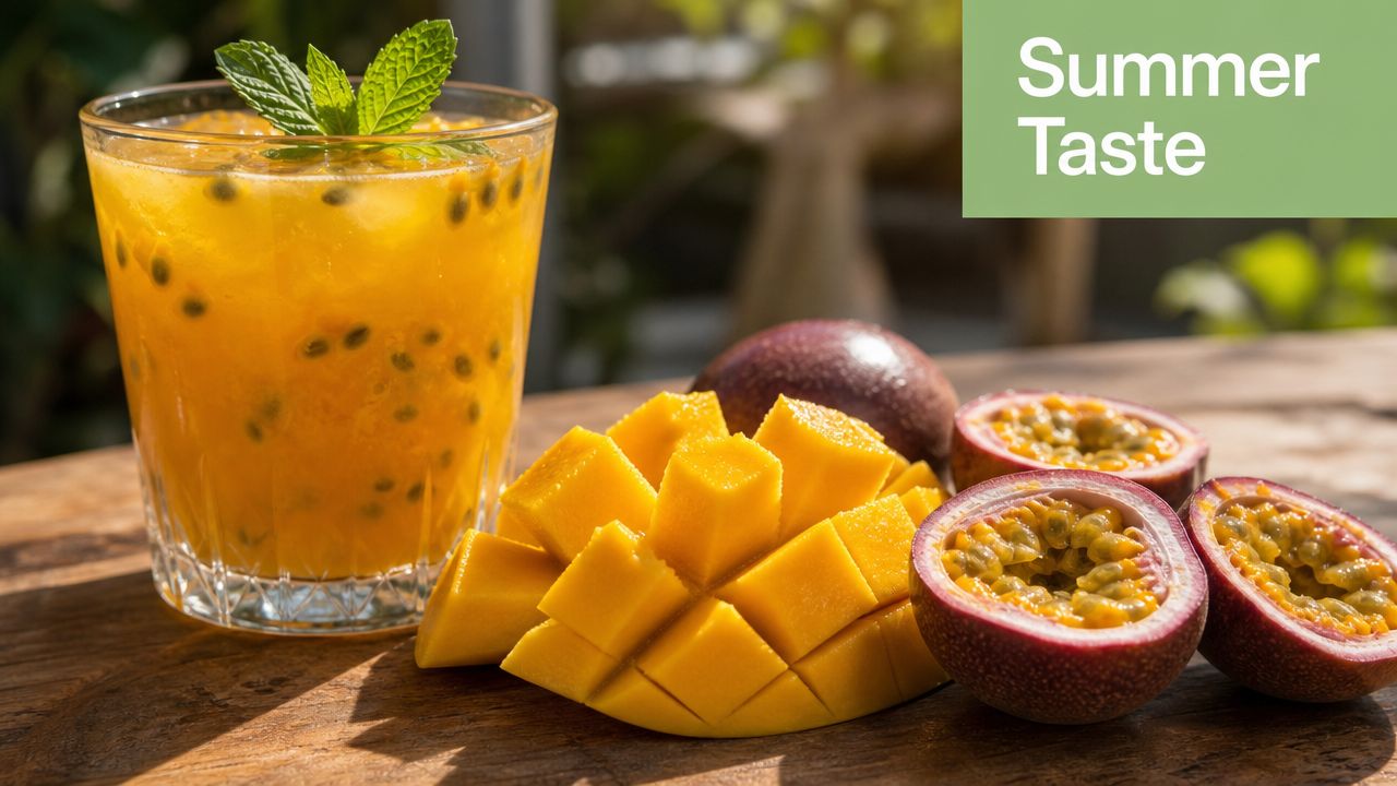 A glass of refreshing passion fruit and mango drink served with fresh fruit slices on a table.
