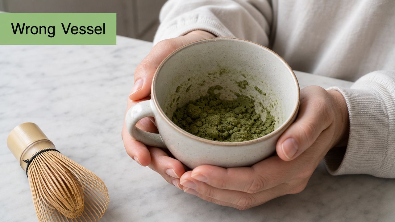 A person holding a coffee mug filled with matcha powder next to a bamboo tea whisk.