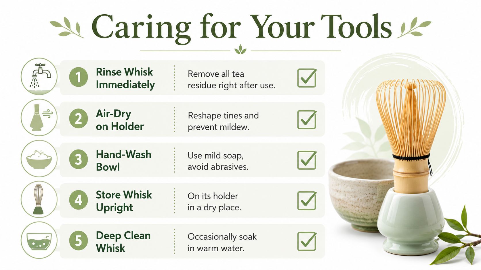 An instructional graphic on caring for matcha whisk tools featuring five cleaning and maintenance steps for users.