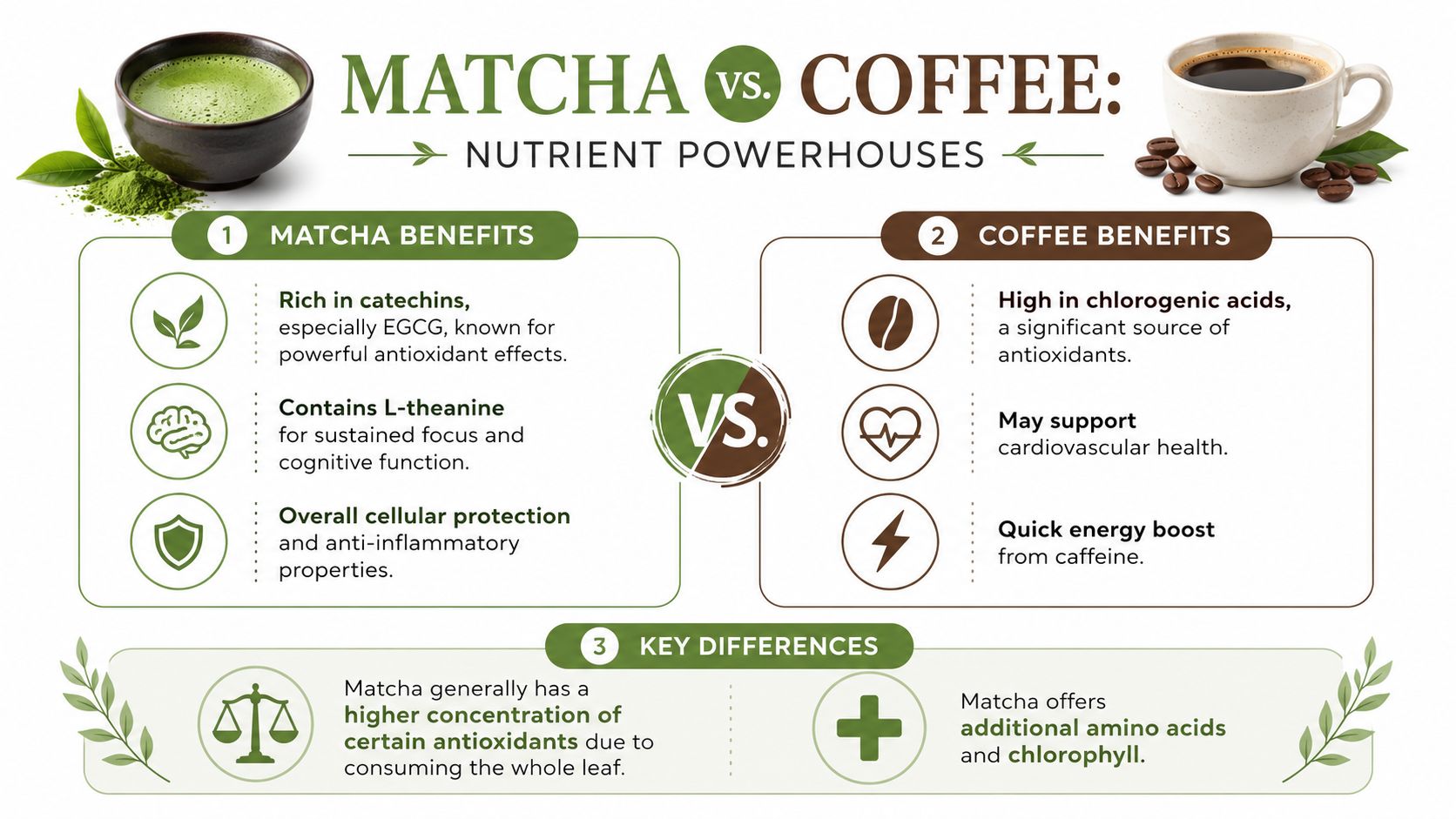A comparison infographic showing the health benefits and key nutrient differences between matcha tea and coffee.